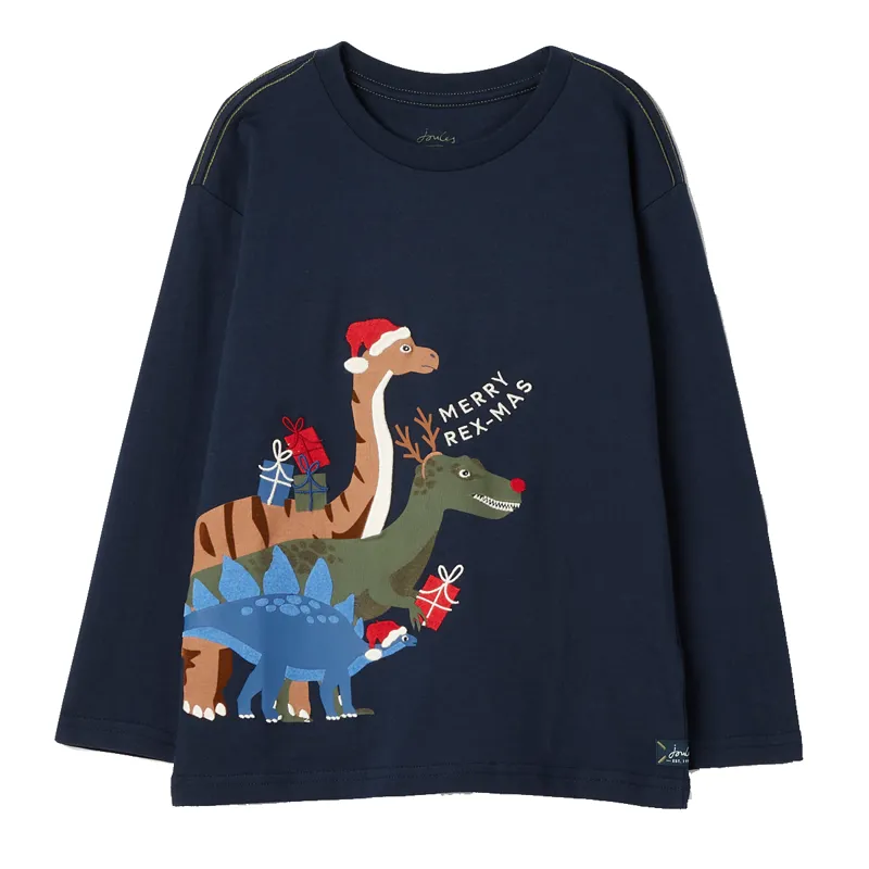Joules Finlay Festive Long Sleeve Dinosaur Artwork Top - French Navy